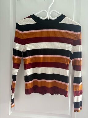 Divided Striped Ribbed Long-Sleeve Top in Black, White, Burgundy, Mustard & Pink